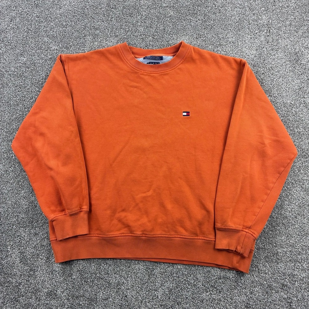 Vintage Tommy Hilfiger Sweatshirt Mens Large Orange Crewneck Flag Logo Pullover